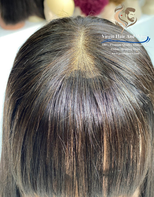 Peluca de encaje 2x4 con flequillo para mujer, 100% cabello humano, lisa 22'', color natural 1B