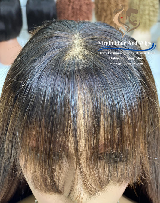 Peluca 5x5 con flequillo para mujer, 100% cabello humano, lacia, 22'', T2/4#