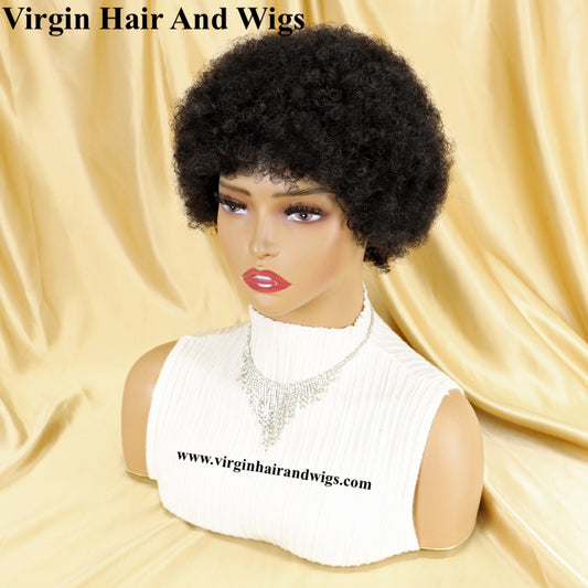 Pelucas cortas afro rizadas y rizadas para mujeres, cabello humano, cabello Remy, pelucas de cabello humano sin pegamento, peluca hecha a máquina
