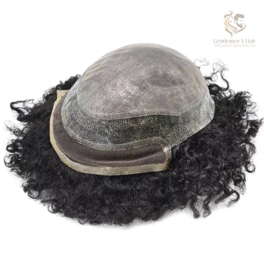 Sistema Capilar X Afroamericano para Caballeros, Cabello 100% Humano, Encaje Francés, Piel de PU Inyectado Transpirable, Rizado (Afro-B)