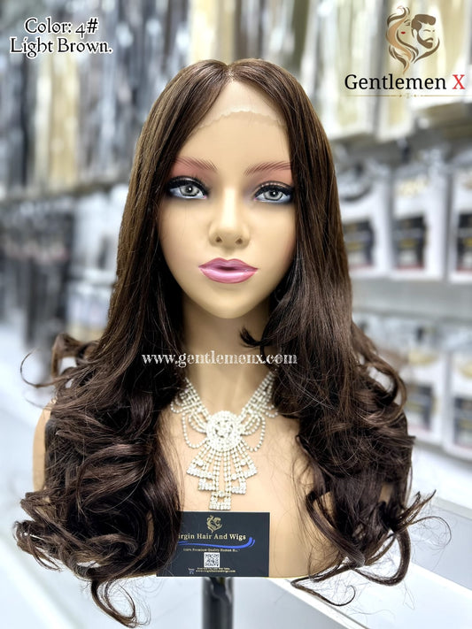 Peluca de encaje de cabello humano Remy Arsuim Side T Part, 20''-22'', onda natural, color 4# marrón
