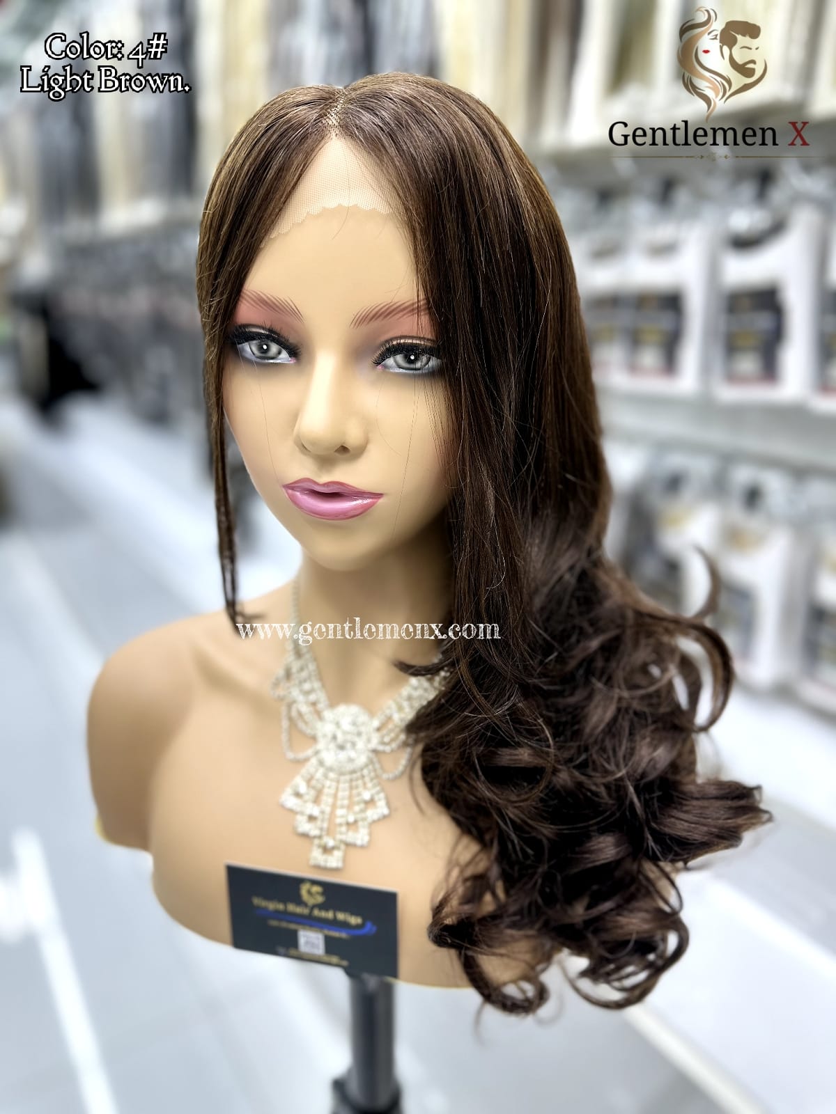 20''-22'' Arsuim Color 4# Brown Side T Part Remy human Hair Lace Wig Natural Wave