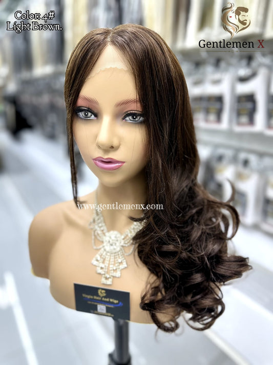 Peluca de encaje de cabello humano Remy Arsuim Side T Part, 20''-22'', onda natural, color 4# marrón