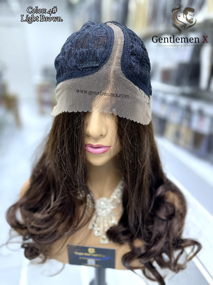 20''-22'' Arsuim Color 4# Brown Side T Part Remy human Hair Lace Wig Natural Wave