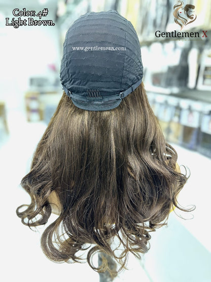 20''-22'' Arsuim Color 4# Brown Side T Part Remy human Hair Lace Wig Natural Wave