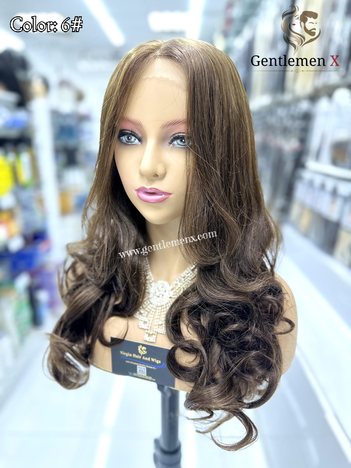 20''-22'' Arsuim Color 6# Side T Part Remy human Hair Lace Wig Natural Wave