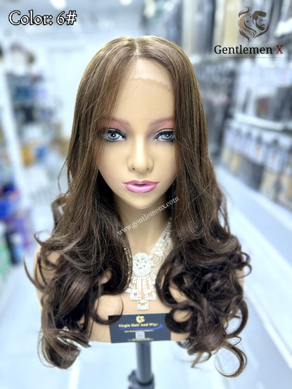 20''-22'' Arsuim Color 6# Side T Part Remy human Hair Lace Wig Natural Wave