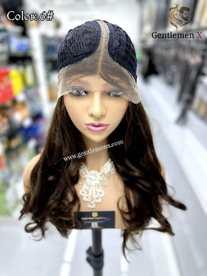20''-22'' Arsuim Color 6# Side T Part Remy human Hair Lace Wig Natural Wave