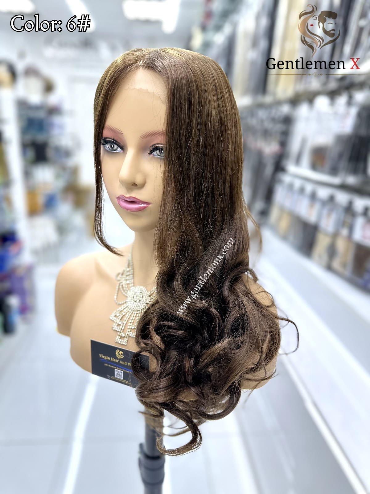 20''-22'' Arsuim Color 6# Side T Part Remy human Hair Lace Wig Natural Wave