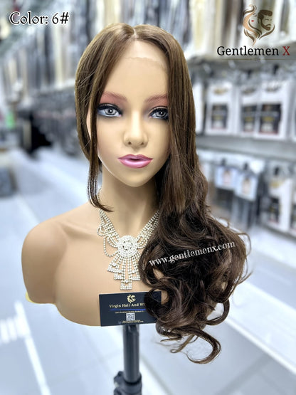 20''-22'' Arsuim Color 6# Side T Part Remy human Hair Lace Wig Natural Wave