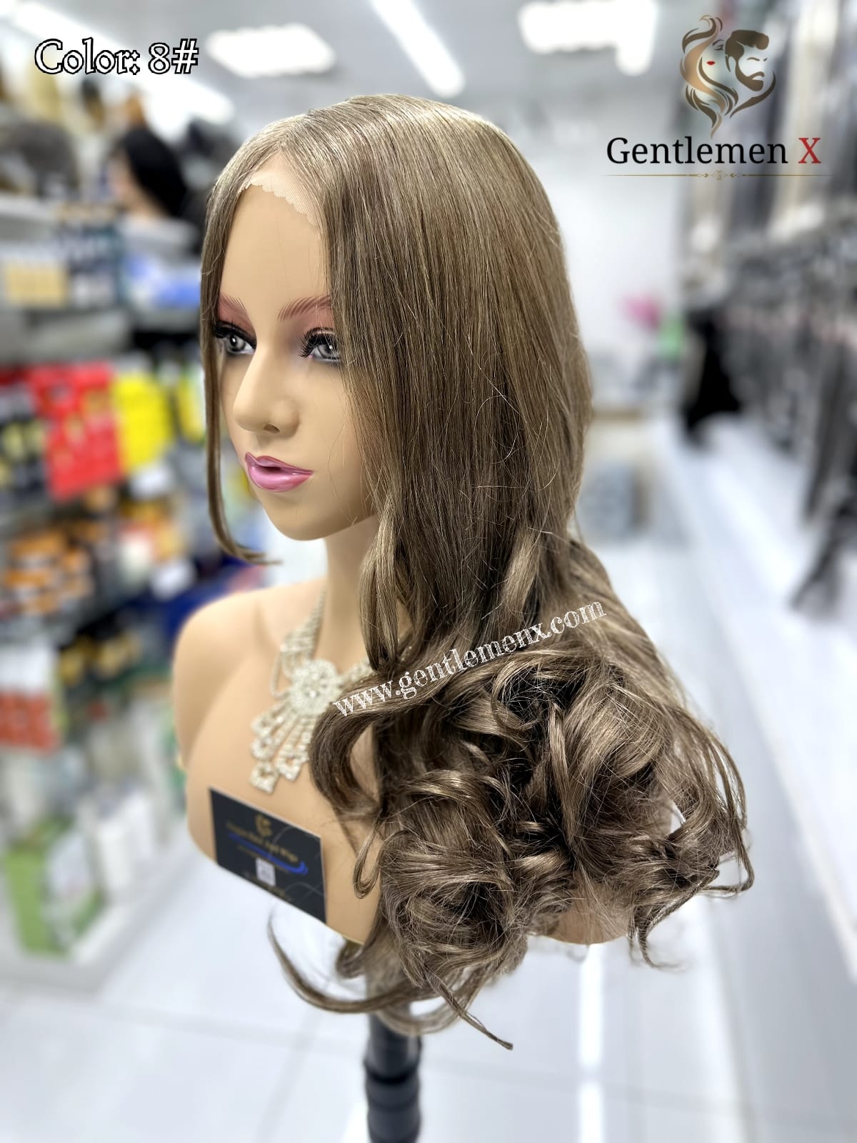 20''-22'' Arsuim Color 8# Side T Part Remy human Hair Lace Wig Natural Wave