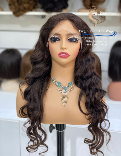 22''-24'' 11x3 Front Lace 100% Human Hair wigs loose Wave 175052 color 2# Dark Brown.