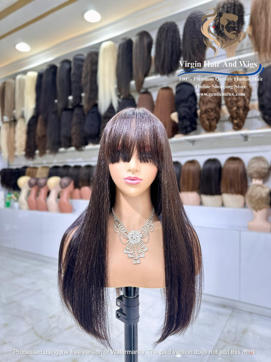 Peluca de encaje 2x4 con flequillo para mujer, 100% cabello humano, lisa 22'', color natural 1B