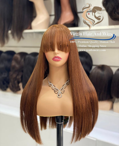 22'' Brown 4# 2X4 Lace Fringe Wig For Women 100% Human Hair Wigs With Bang straight