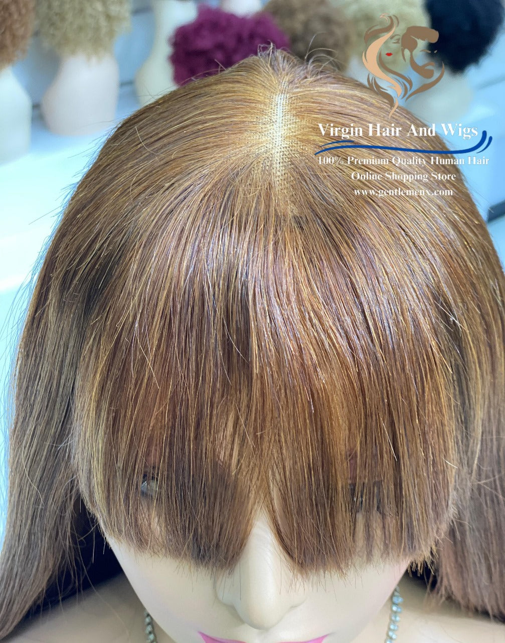 22'' Brown 4# 2X4 Lace Fringe Wig For Women 100% Human Hair Wigs With Bang straight