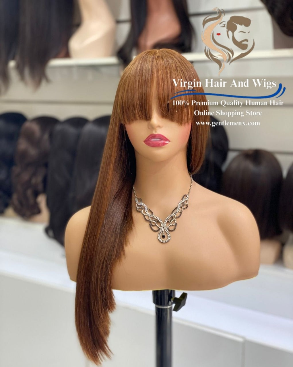 22'' Brown 4# 2X4 Lace Fringe Wig For Women 100% Human Hair Wigs With Bang straight