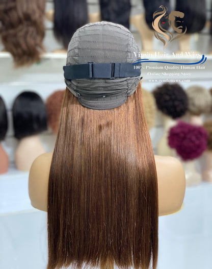 22'' Brown 4# 2X4 Lace Fringe Wig For Women 100% Human Hair Wigs With Bang straight
