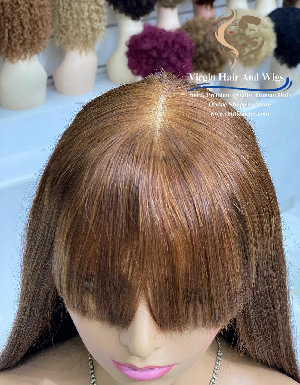 22'' Brown 4# 2X4 Lace Fringe Wig For Women 100% Human Hair Wigs With Bang straight