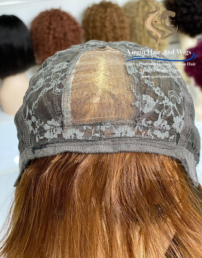 22'' Brown 4# 2X4 Lace Fringe Wig For Women 100% Human Hair Wigs With Bang straight