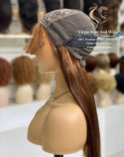 22'' Brown 4# 2X4 Lace Fringe Wig For Women 100% Human Hair Wigs With Bang straight