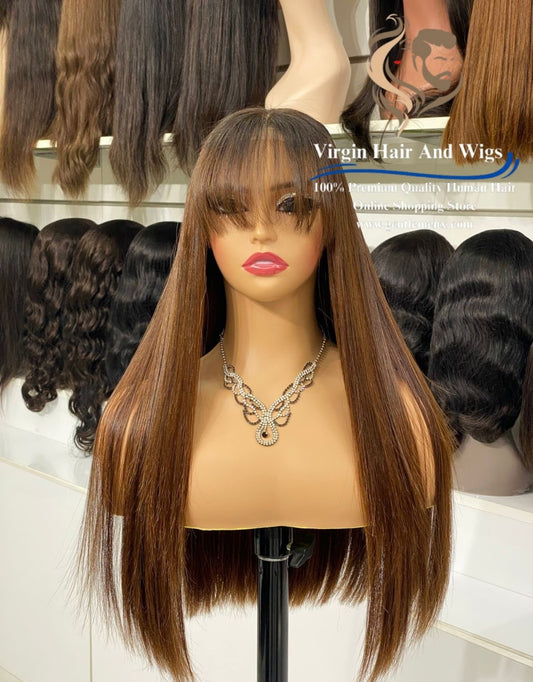 Peluca 5x5 con flequillo para mujer, 100% cabello humano, lacia, 22'', T2/4#