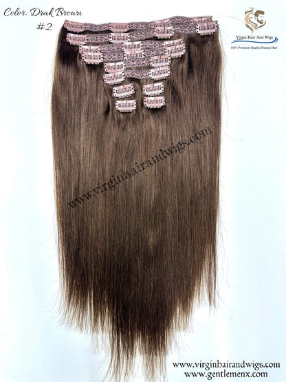 TGX Arnomeda 16''-18'' 100% Human Hair Full Head 10PCS Clips in Hair Extensions set 140g 2# Dark Brownl Stright