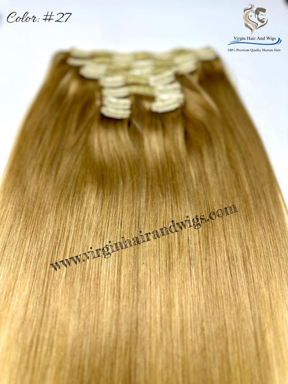 TGX Arnomeda 16''-18'' 100% Human Hair Full Head 10PCS Clips in Hair Extensions set 140g 27# Gold Stright