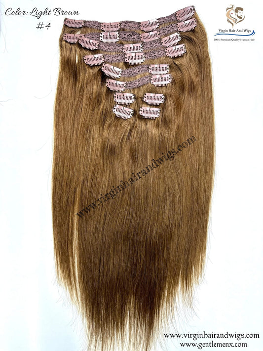 TGX Arnomeda 20''-22'' Pelo 100% Humano Cabeza Completa Set de 10 Clips Extensiones 140g 4# Marrón Claro Liso