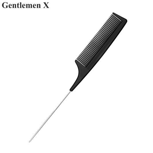 Peine de cola de metal con pasador de fibra de carbono antiestático profesional, peine de cola de rata resistente al calor para barbería y salón con peine de separación de paleta antideslizante, dientes finos en negro