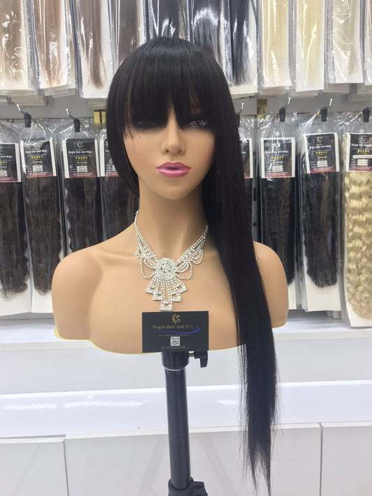 Peluca con flequillo para mujer, pelucas de cabello humano con flequillo, hechas a máquina, lisas