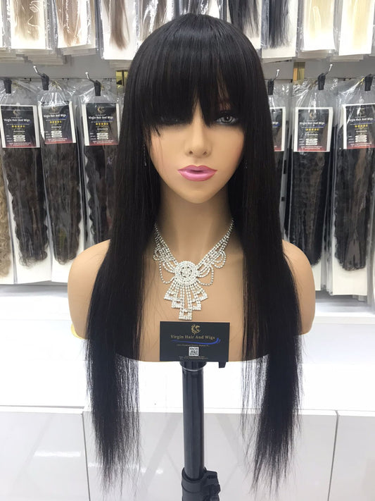 Peluca con flequillo para mujer, pelucas de cabello humano con flequillo, hechas a máquina, lisas