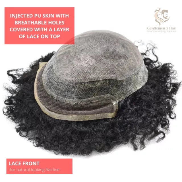 Gentlemen X Afro American Hair System, 100% Human Hair, French Lace, Breathable Injected PU Skin, Curly (Afro-B)