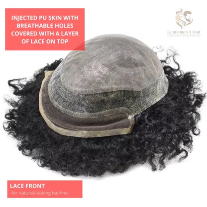 Gentlemen X Afro American Hair System, 100% Human Hair, French Lace, Breathable Injected PU Skin, Curly (Afro-B)