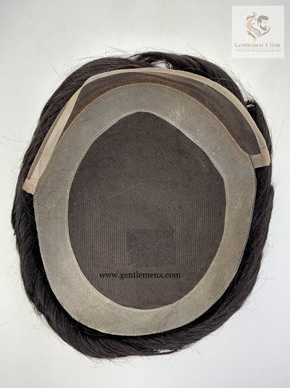 Gentlemen X Premium Swiss front lace human hair system with poly skin perimeter