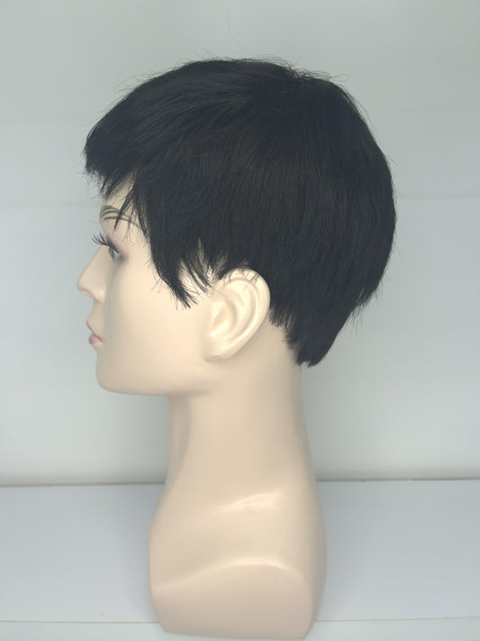 Peluca de hombre 100% cabello humano natural negro, peluca de encaje completo de pelo corto 1B JF001