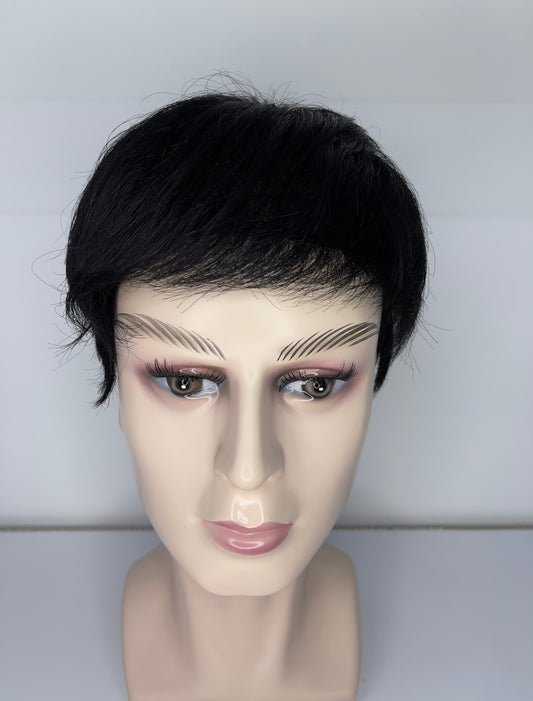 Peluca de hombre 100% cabello humano, natural, negro, pelo corto, peluca de encaje completo 1B JF004